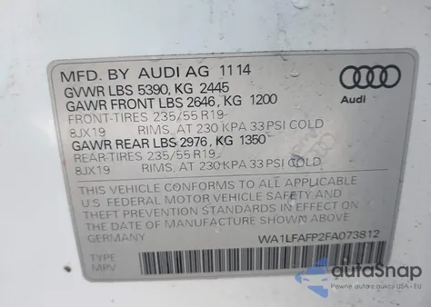2015 Audi Q5 2.0T Premium из США, поврежденный, VIN WA1LFAFP2FA073812